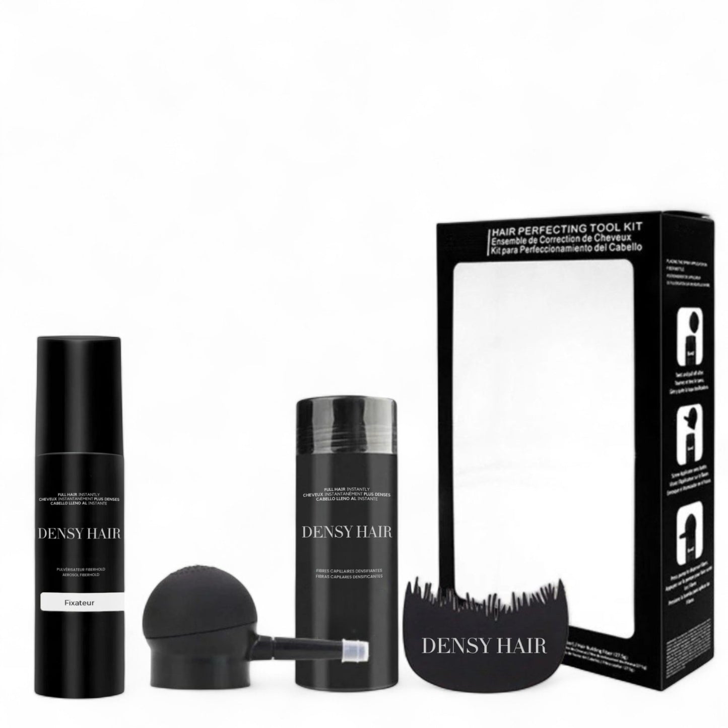 Kit 4 pièces Densy Hair® - Fibres capillaires densifiantes + Fixateur OFFERT