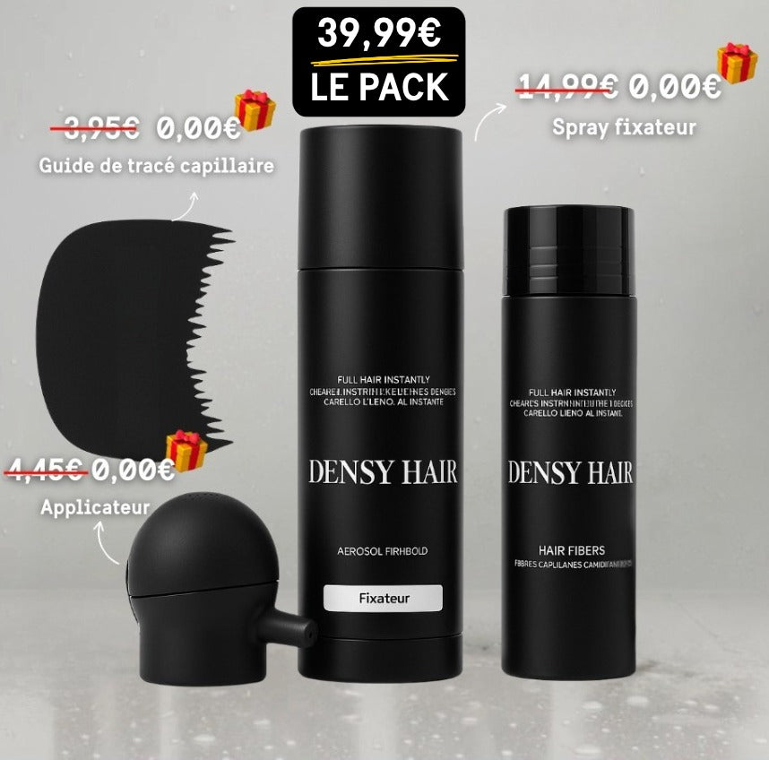 Kit 4 pièces Densy Hair® - Fibres capillaires densifiantes + Fixateur OFFERT